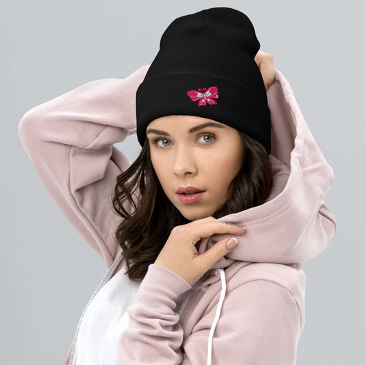 Cuffed Beanie (embroidered pink butterfly)