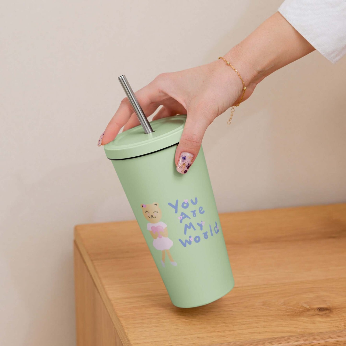 Insulated tumbler with a straw (You Are My World)