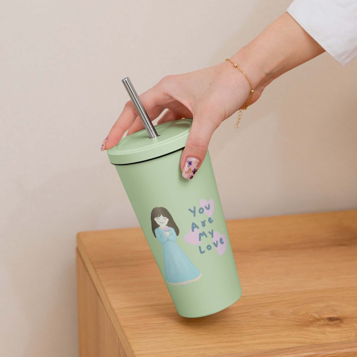 Insulated tumbler with a straw (You Are My Love)