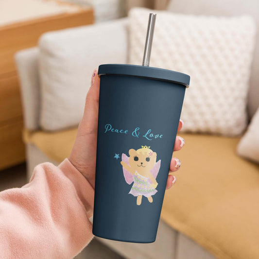 Insulated tumbler with a straw (Peace & Love)