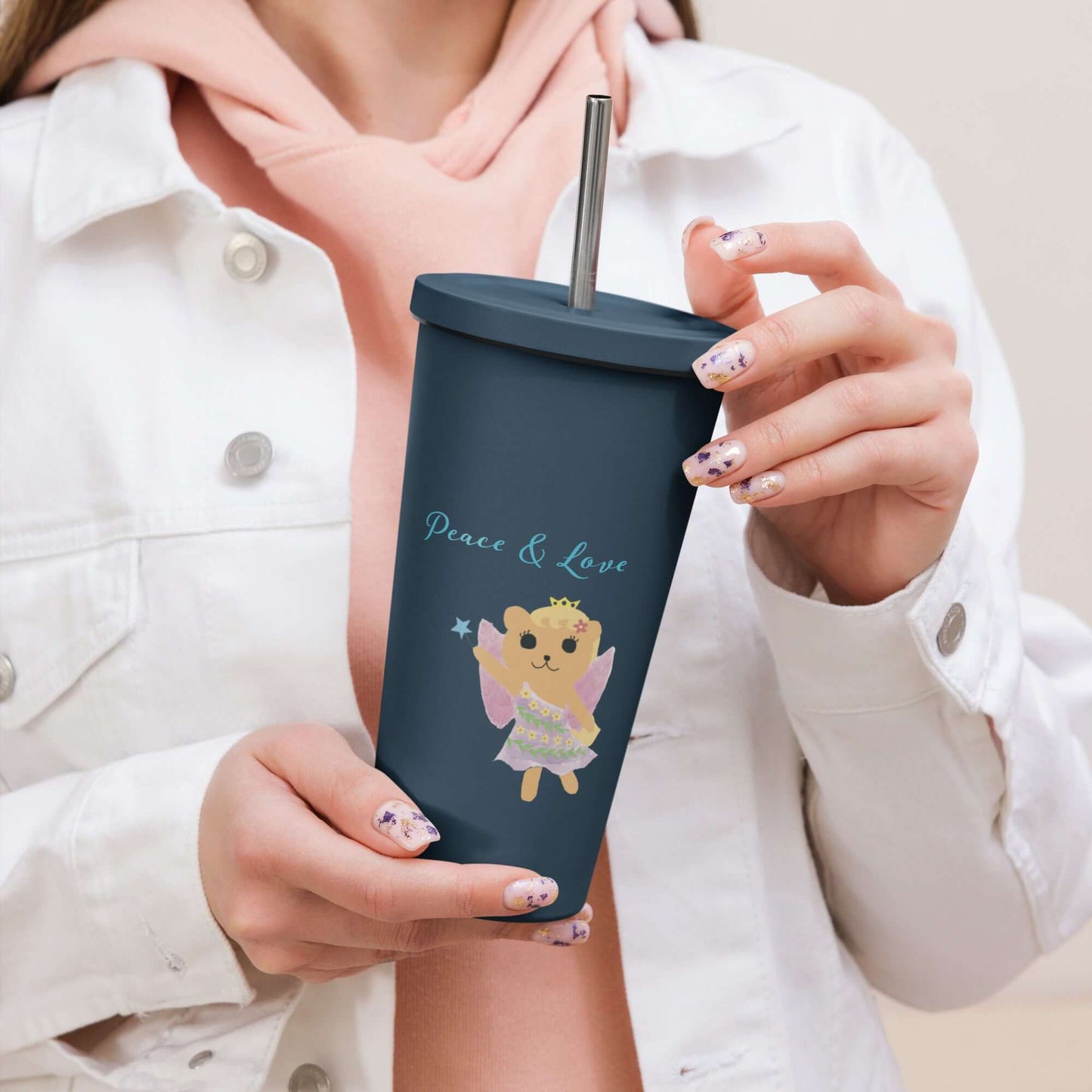 Insulated tumbler with a straw (Peace & Love)