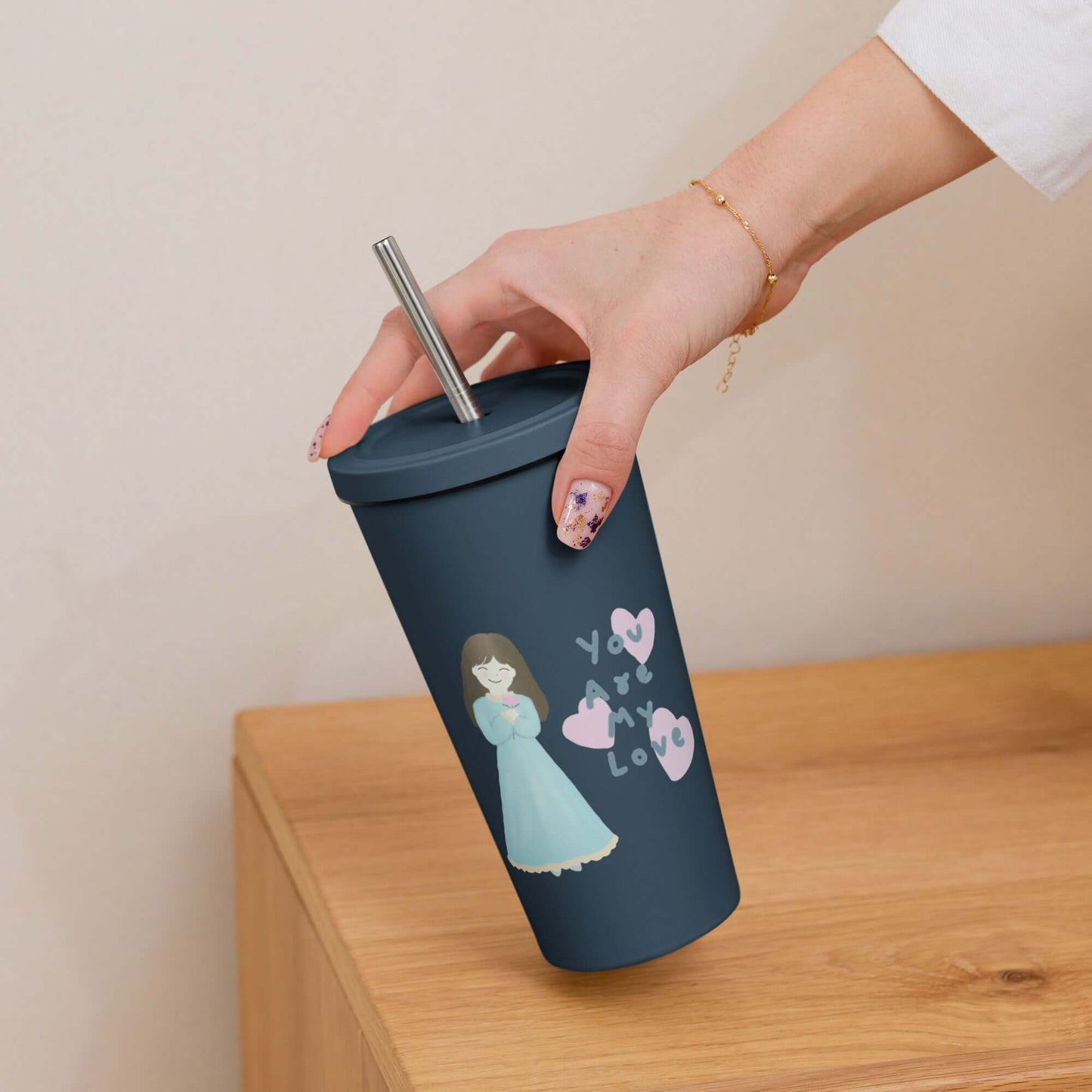 Insulated tumbler with a straw (You Are My Love)