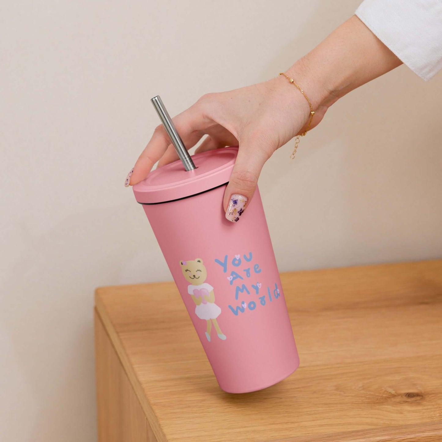 Insulated tumbler with a straw (You Are My World)