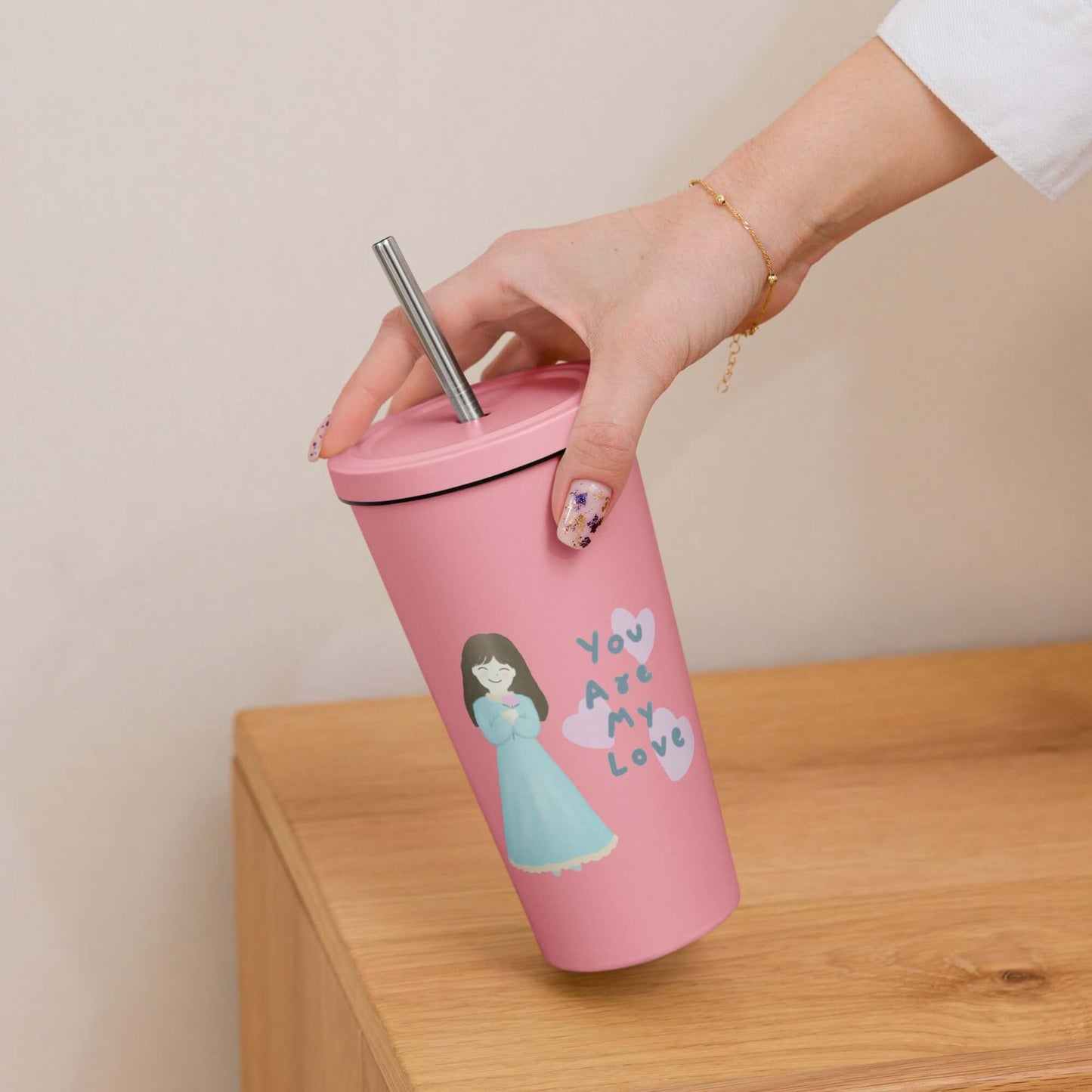 Insulated tumbler with a straw (You Are My Love)