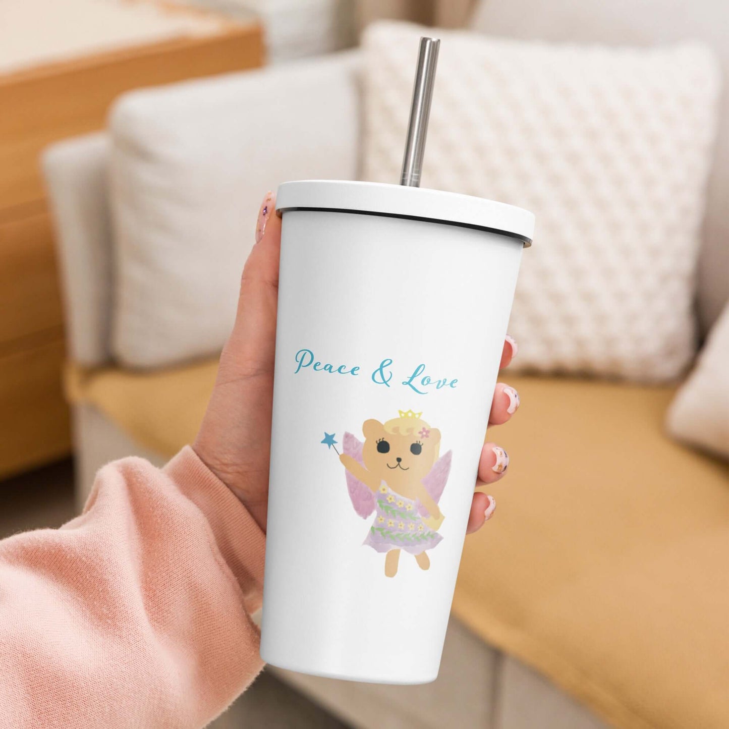 Insulated tumbler with a straw (Peace & Love)