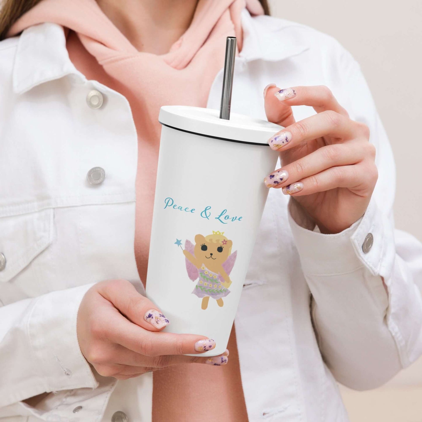 Insulated tumbler with a straw (Peace & Love)