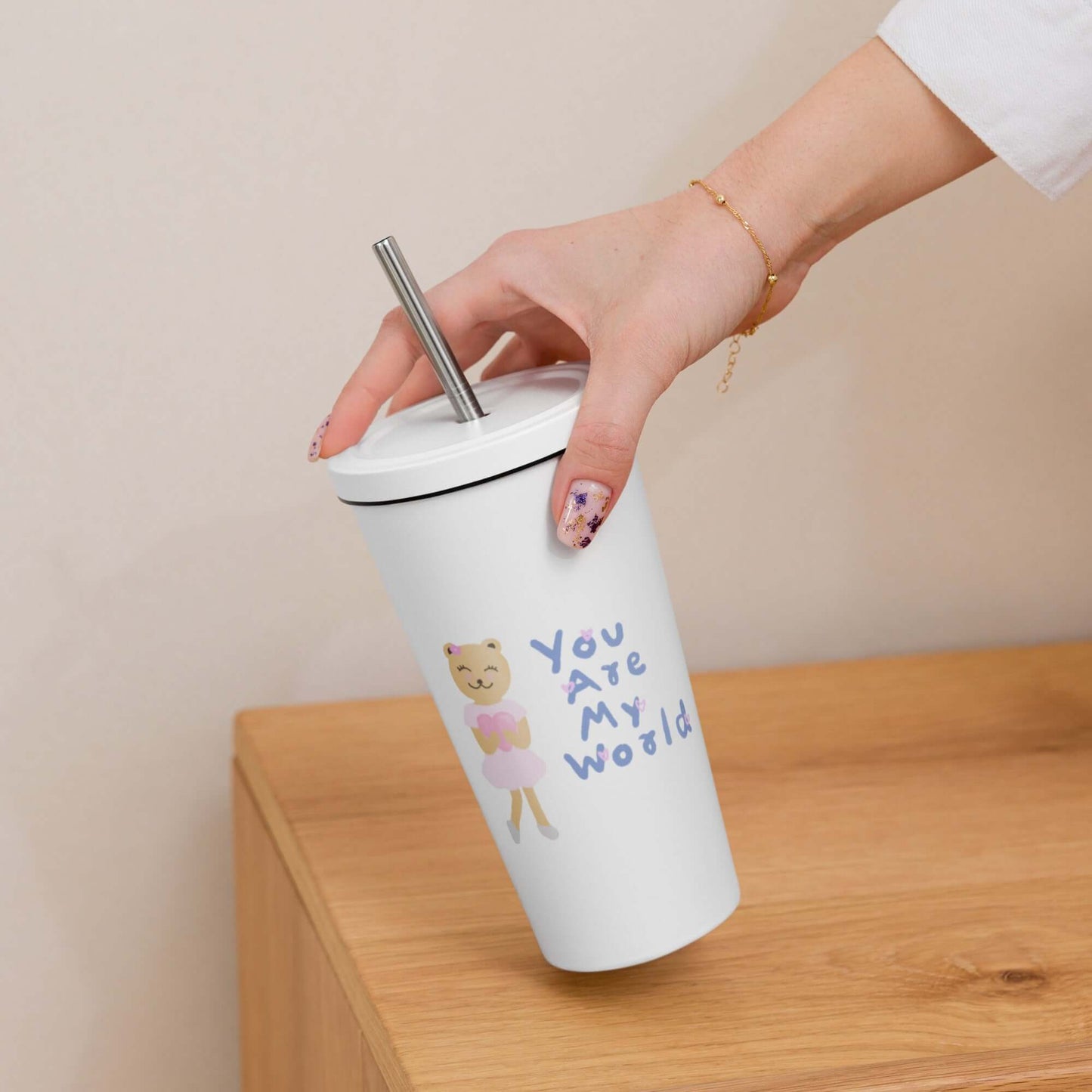 Insulated tumbler with a straw (You Are My World)