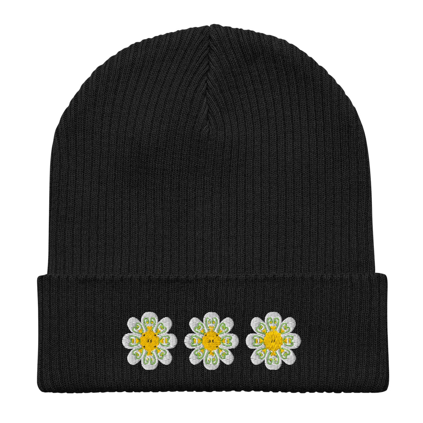 Organic ribbed beanie (embroidered yellow flowers)