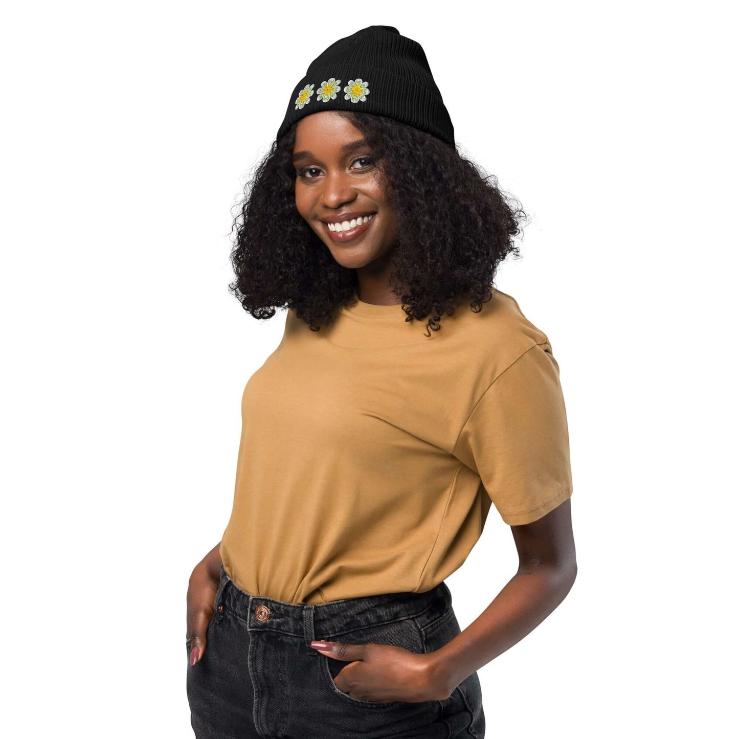 Organic ribbed beanie (embroidered yellow flowers)