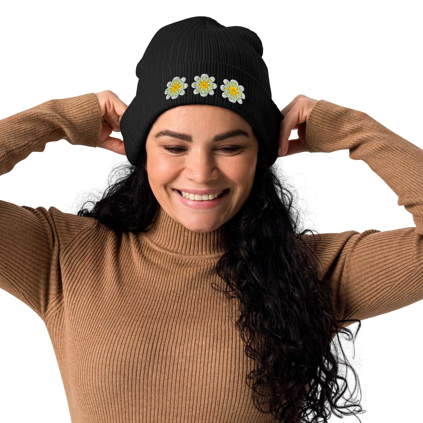 Organic ribbed beanie (embroidered yellow flowers)