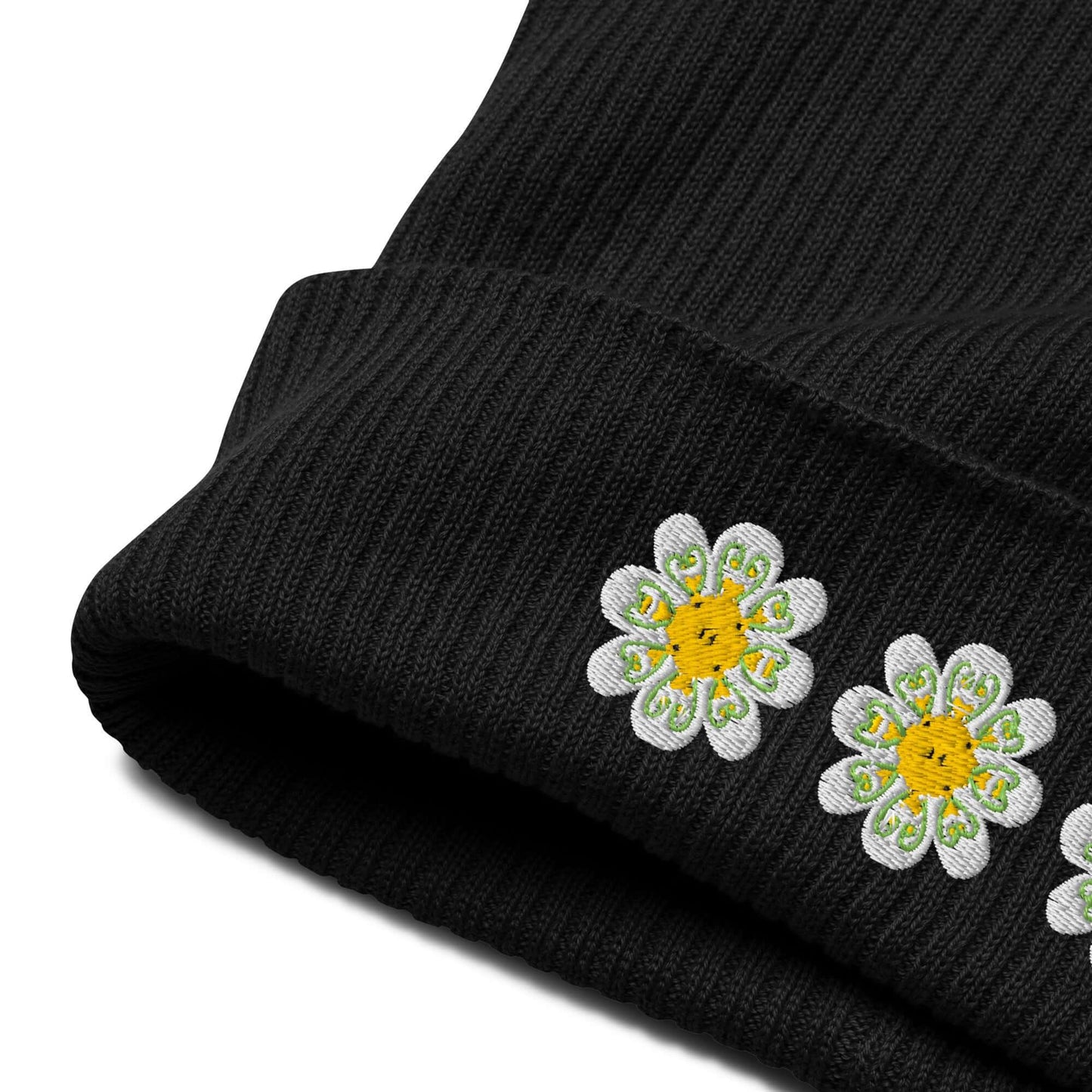 Organic ribbed beanie (embroidered yellow flowers)