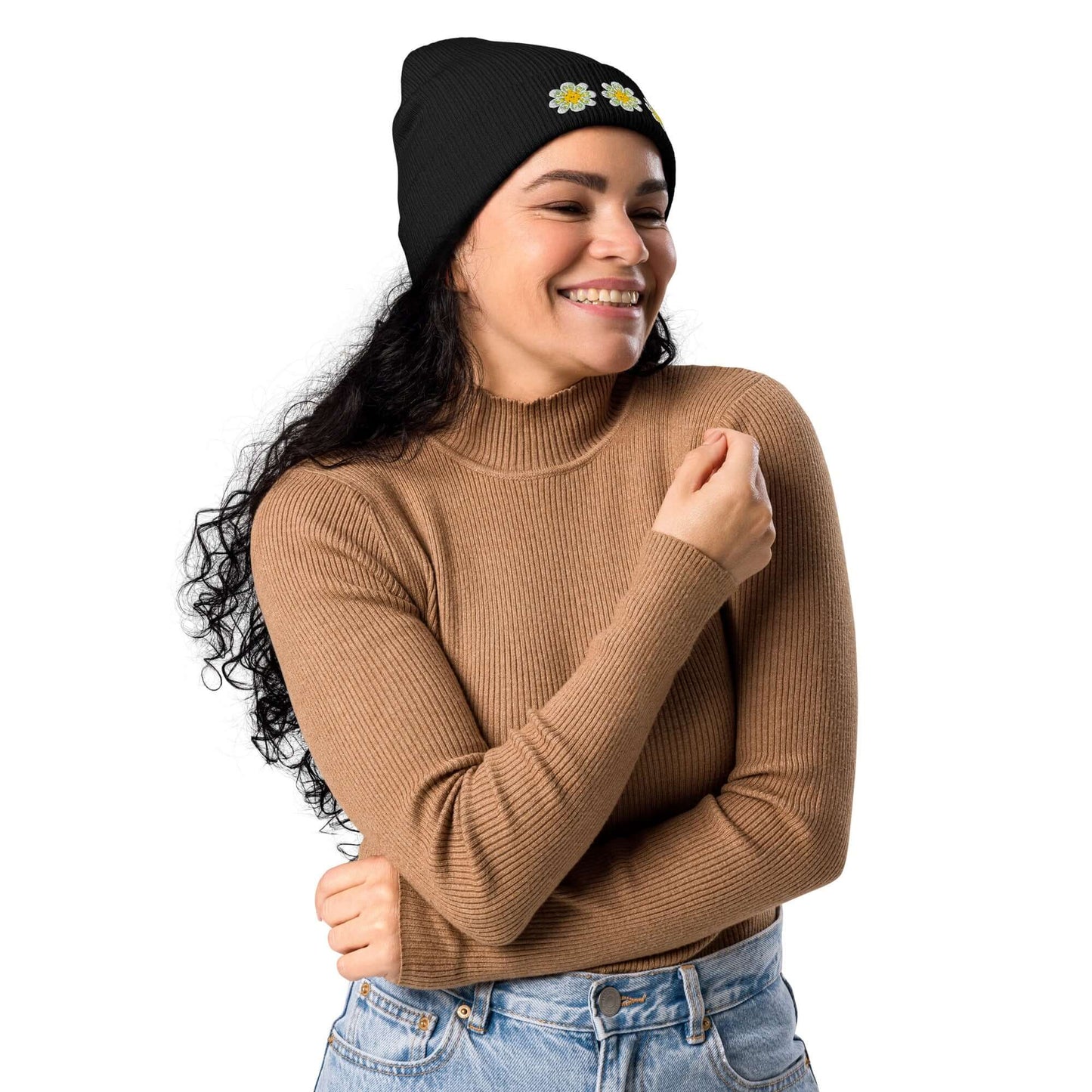 Organic ribbed beanie (embroidered yellow flowers)