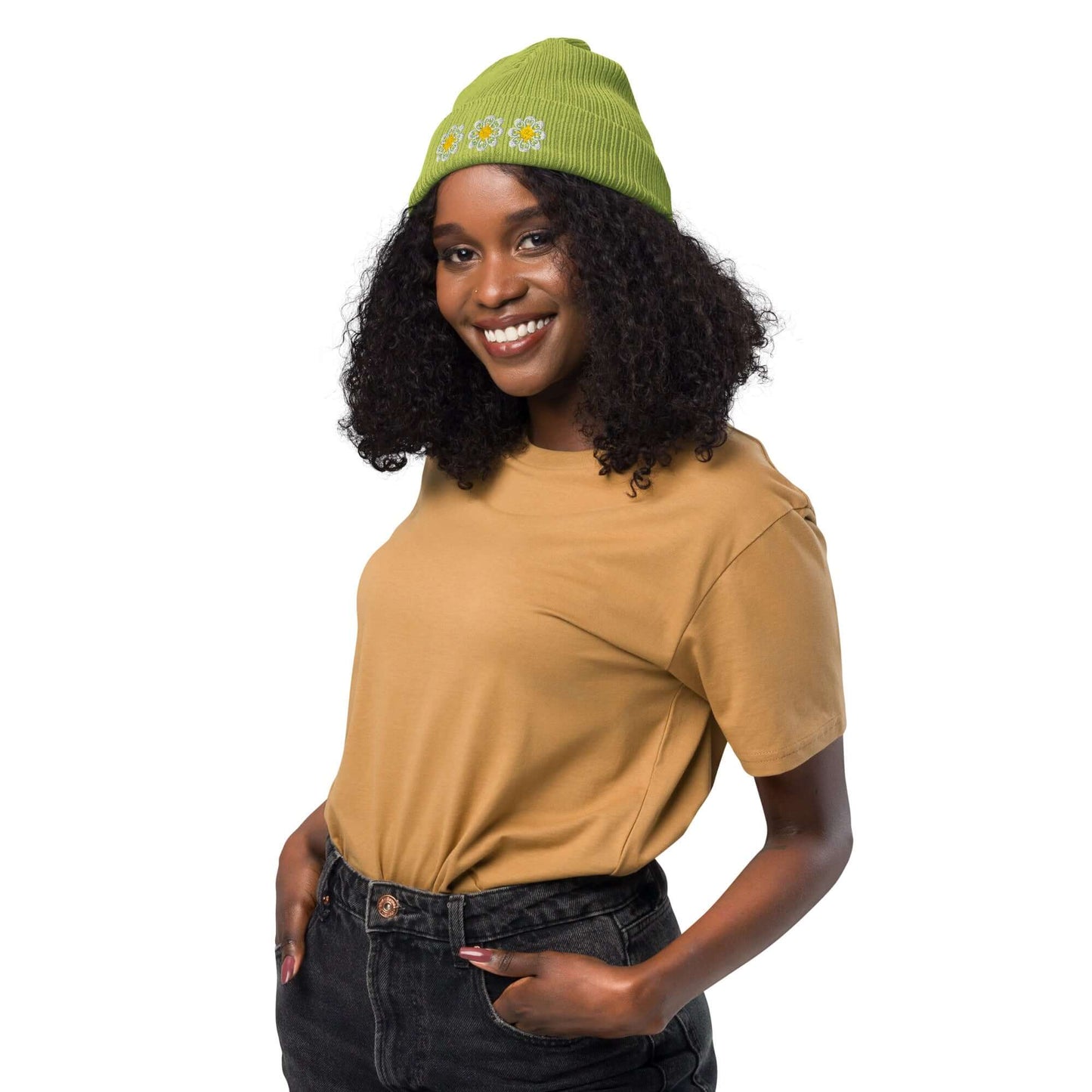 Organic ribbed beanie (embroidered yellow flowers)