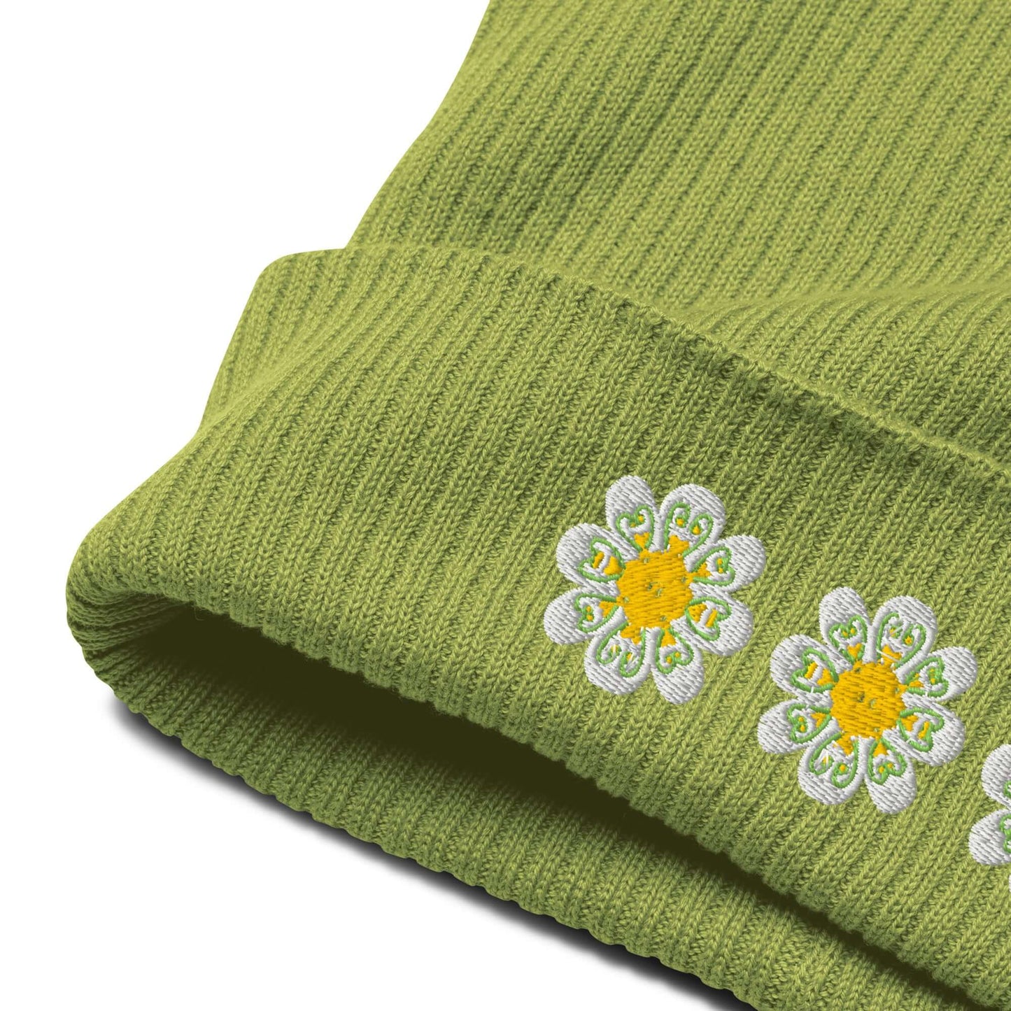 Organic ribbed beanie (embroidered yellow flowers)