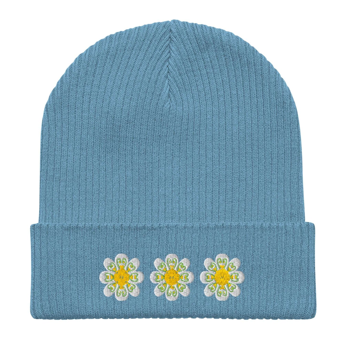 Organic ribbed beanie (embroidered yellow flowers)