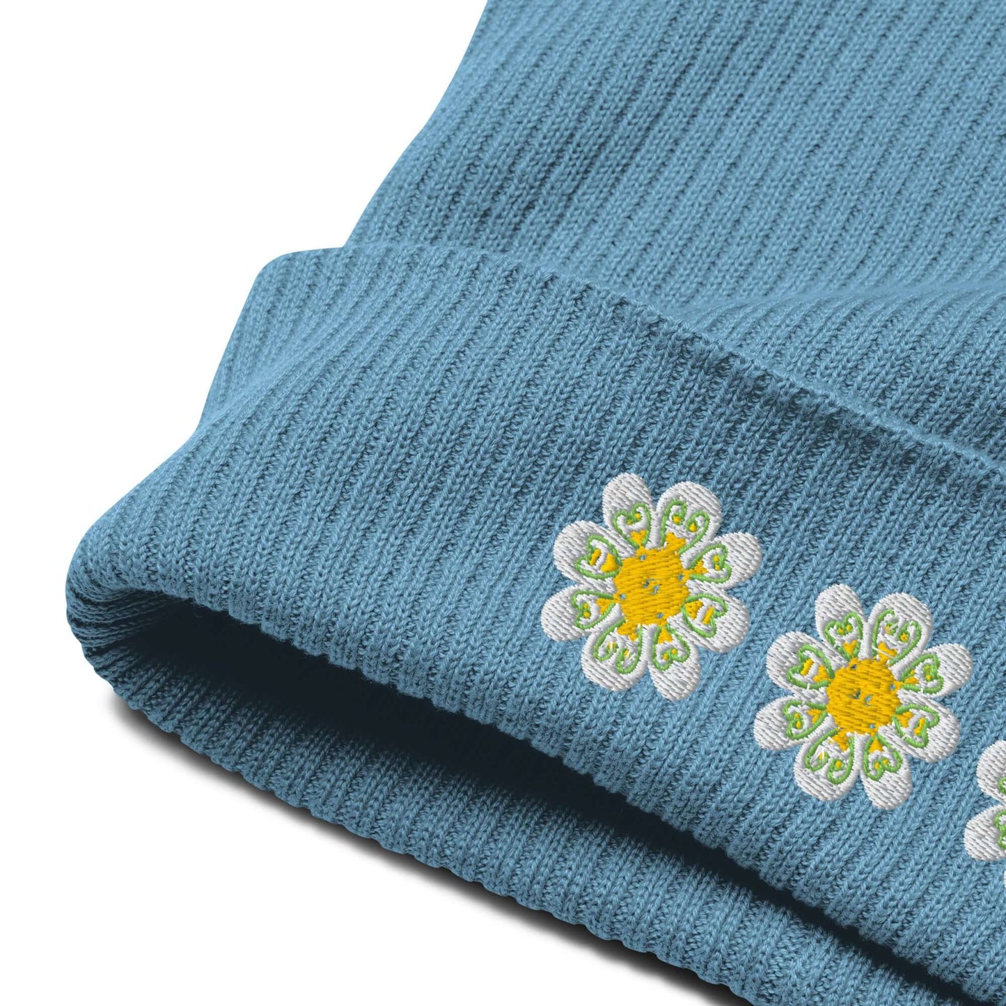 Organic ribbed beanie (embroidered yellow flowers)