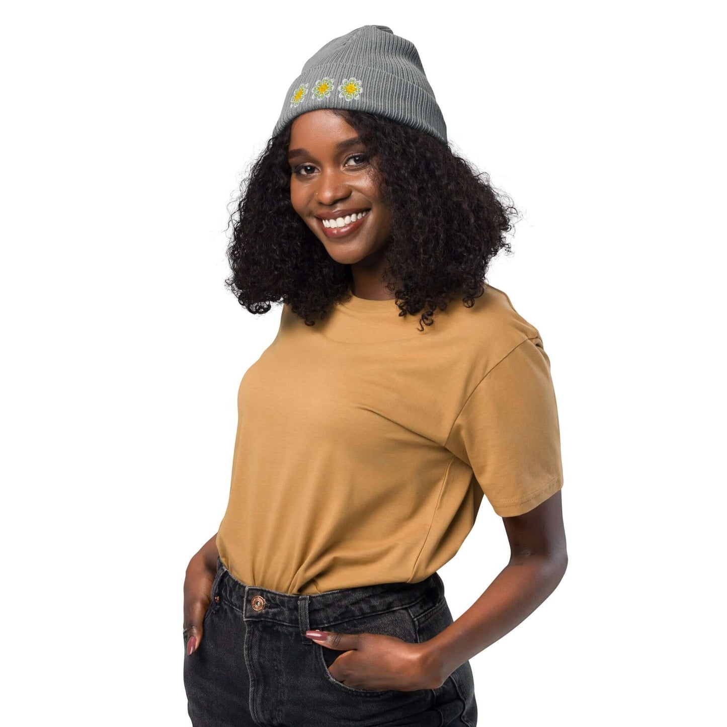 Organic ribbed beanie (embroidered yellow flowers)