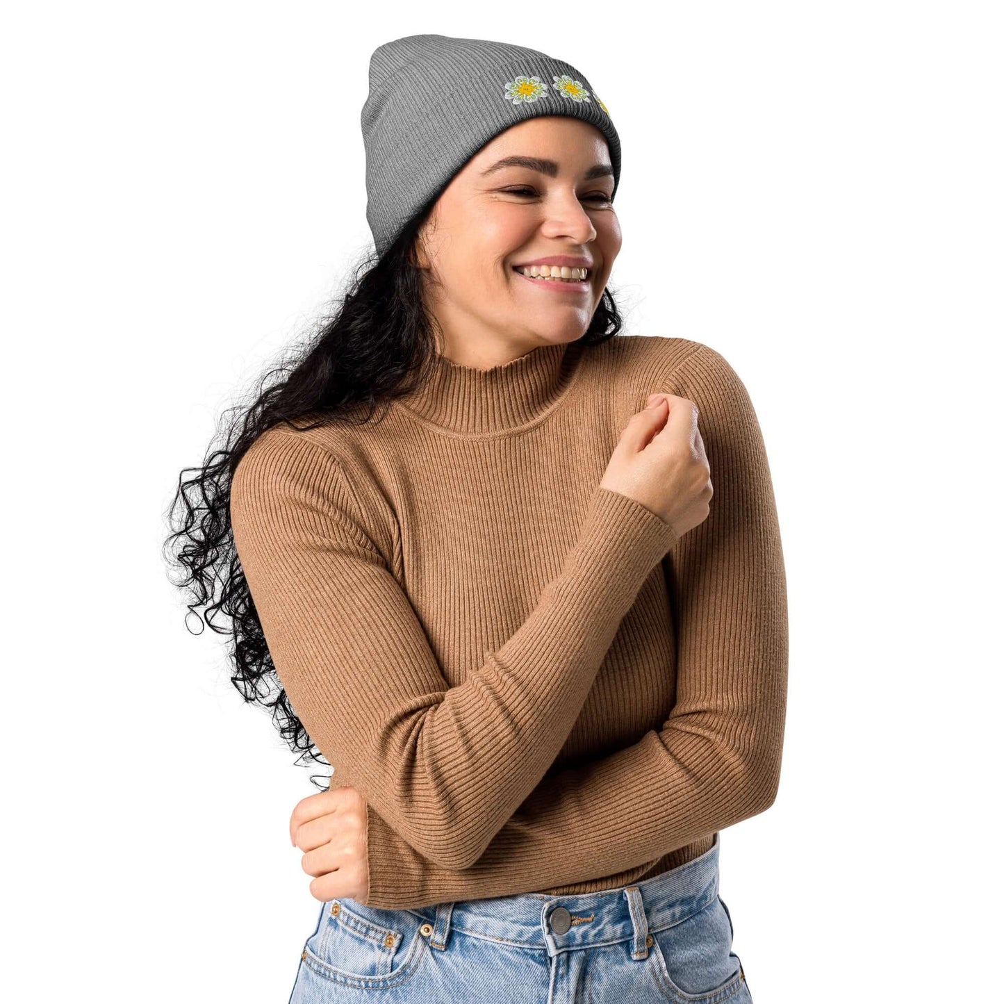 Organic ribbed beanie (embroidered yellow flowers)