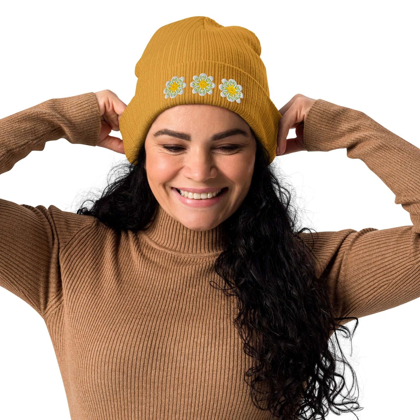 Organic ribbed beanie (embroidered yellow flowers)