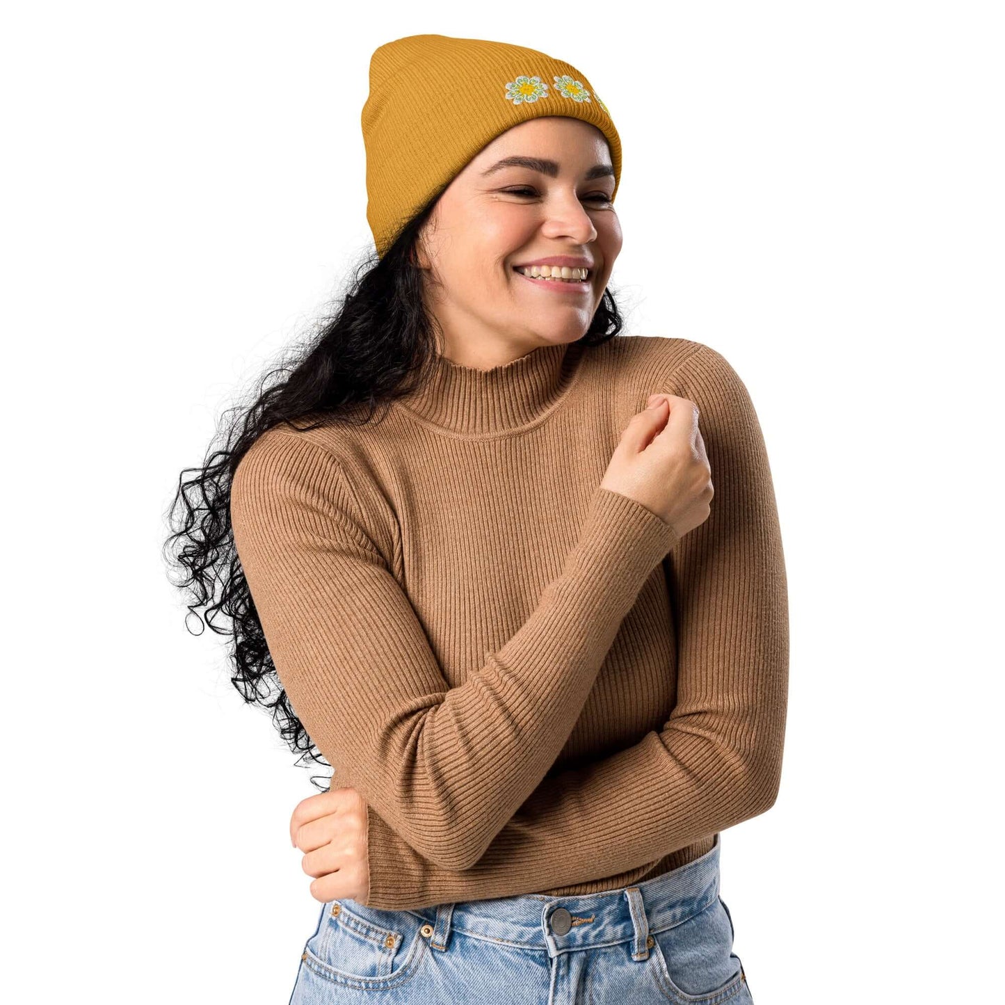 Organic ribbed beanie (embroidered yellow flowers)